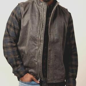 NORTH RIVER Mens XL Olive Brown Distressed Cotton Suede Vest Zip-Up+Snap Overlay